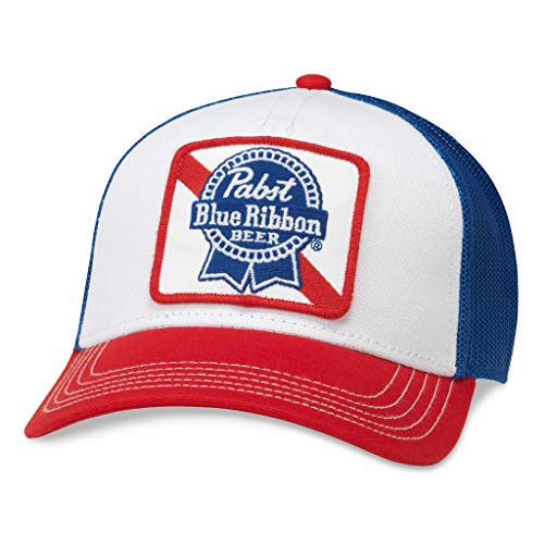 AMERICAN NEEDLE Pabst Blue Ribbon PBR Beer Baseball Hat, Adjustable Snapback Trucker Cap, Red, White, and Blue (SMU500B-PBC)