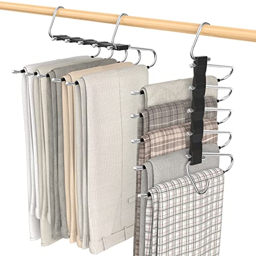 Loretoy 2 Pack Pants Hangers Space Saving, Anti-Slip Multi-Functional Pants Rack, Thickened Stainless Steel Tube, Two Hanging Modes Suitable for Jeans Trousers Skirts Scarf-Black