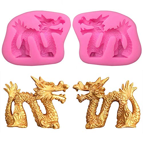 2Pcs/Set 3D Dragon Fondant Mold Chinese Zodiac Dragon Silicone Gum Paste Sugar Craft Mold for Cake Cupcake Topper Decorating Tools Polymer Clay Epoxy Resin Mold
