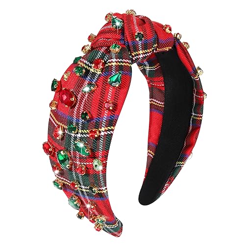 boderier Christmas Headbands for Women Red Plaid Headband Jeweled Crystal Wide Knotted Headband Xmas Holiday Hair Accessories Gifts (Red Plaid)
