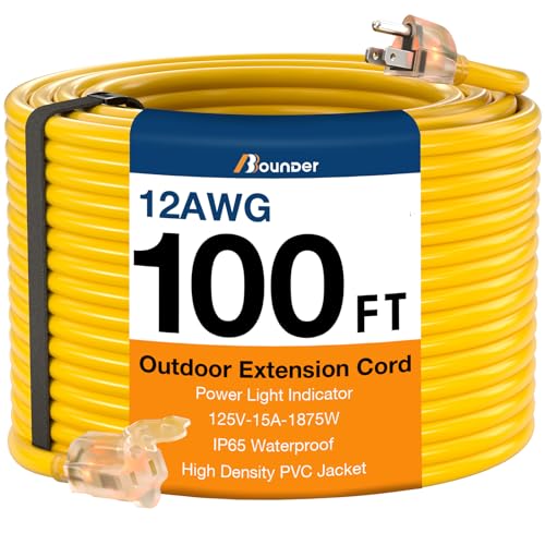 BBOUNDER Outdoor Extension Cord 100 FT Waterproof, 12/3 SJTW Heavy Duty 15A 1875W, Flexible 100% Copper 3 Prong Cords for Commercial Use and High Power Appliance, Yellow