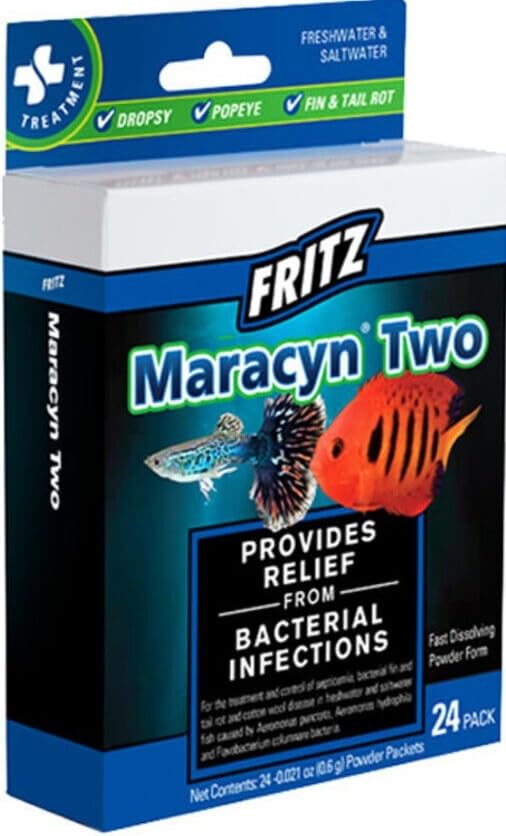 Fritz Maracyn Two Powder for Saltwater and Freshwater Aquarium lnfection, fin and Tail Rot, Popeye, Dropsy (One Box (24 Pouches))