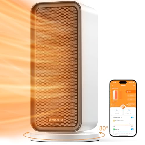 GoveeLife Space Heater for Indoor Use, Electric Heater with Thermostat, 80°Oscillating, 1500W Fast Portable Heating, 24H Timer, Smart Ceramic Heater with App & Voice Remote, Home/Bedroom/Office, White
