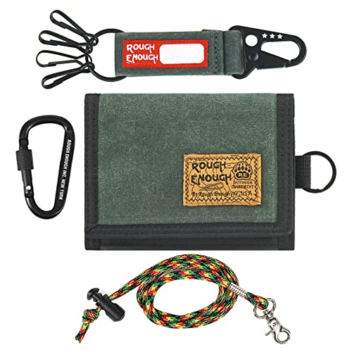 Rough Enough Boys Wallet for Kids Teen Wallets for Youth with Tactical Keychain Neck Lanyard Carabiner Army Green Canvas