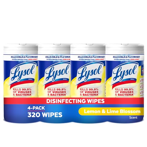 Lysol Disinfectant Wipes, Multi-Surface Antibacterial Cleaning Wipes, For Disinfecting and Cleaning, Lemon and Lime Blossom, Pack of 4 (Packaging may vary)