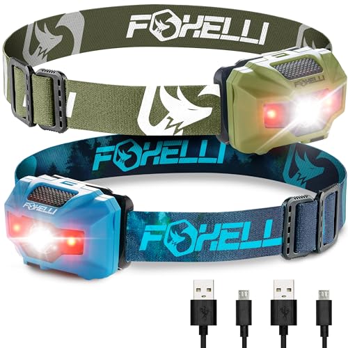 Foxelli Rechargeable LED Headlamp Bundle of 2 - Khaki & Forest: Ultralight Waterproof Head Lamp with Red Light for Running, Camping, Hiking & Outdoor