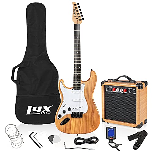 LyxPro Left Hand 39 Inch Electric Guitar and Starter Kit for Lefty Full Size Beginner’s Guitar, Amp, Six Strings, Two Picks, Shoulder Strap, Digital Clip On Tuner, Guitar Cable and Soft Case - Natural
