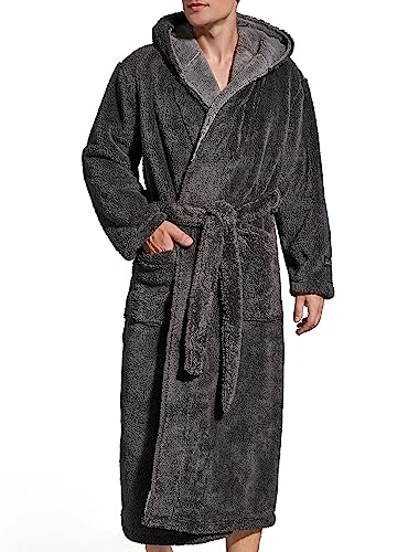 SlumberMee Mens Fleece Plush Robe with Hood Ultra Soft Fluffy Full Length Long with Pockets Luxurious House Coat (Dark Gray, XL)