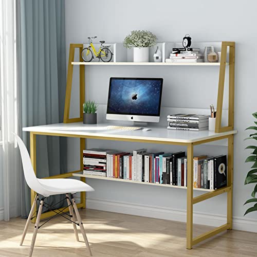 Tribesigns Computer Desk with Hutch, 47 inches Home Office Desk with Space Saving Design with Bookshelf for Small Spaces (White &gold, 47)