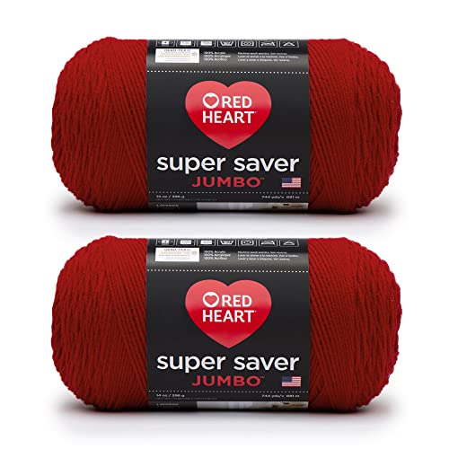 Red Heart Super Saver Jumbo Cherry Red Yarn - 2 Pack of 396g/14oz - Acrylic - 4 Medium (Worsted) - 744 Yards - Knitting/Crochet