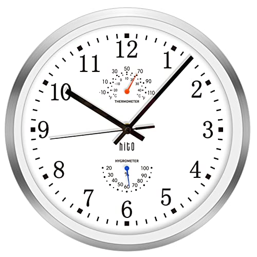 HITO 12 Inch Silent Wall Clock Battery Operated Non Ticking Glass Cover Silver Aluminum Frame, for Living Room Decor, Kitchen, Bedroom, Home Office (12' White)