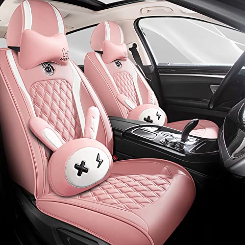 BBKVF Cute Cartoon Bunny car seat Cover 5 Set with Waterproof PU Leather for Cars SUV Pick-up Truck Universal Fit Set (Cartoon Pink)
