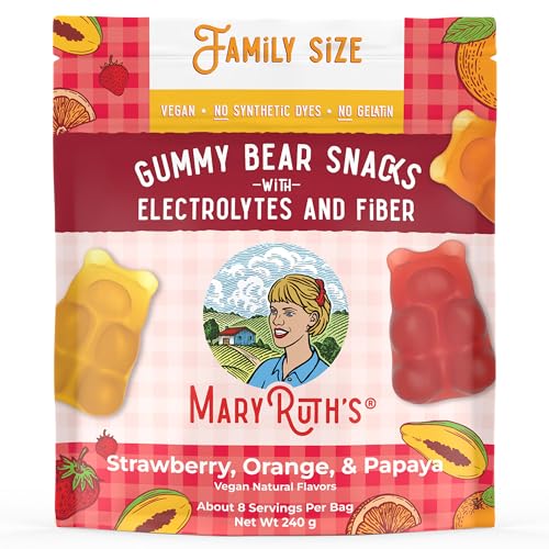 MaryRuth Organics Gummy Bears Snack with Electrolytes and Fiber | Fruit Flavored Gummy Candy Pack | Strawberry | Orange | Papaya | Vegan | Gluten Free | Non-GMO | Family Size | 240g