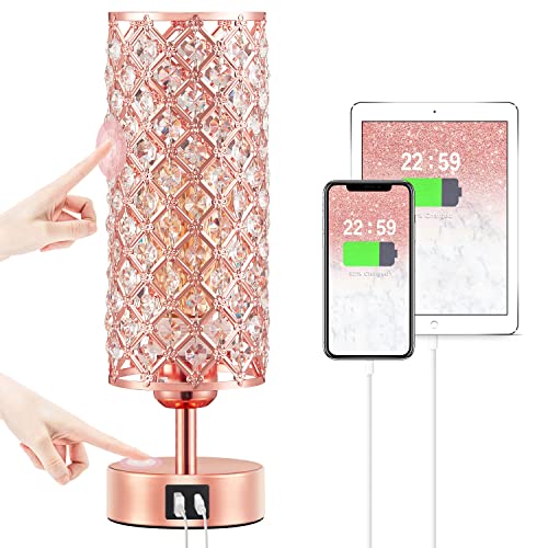Hong-in Crystal Table Lamp, Rose Gold Lamp with USB C+A Ports, 3 Way Dimmable Touch Lamp with Crystal Shade, Bedside Nightstand Small Lamp for Living Room Bedroom Home Office (Bulb Included)