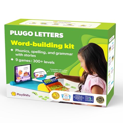PlayShifu Educational Word Game-Plugo Letters Kit+App with 9 Learning Games, STEM Toy Gifts for Kids Age 4-8 Phonics, Spellings & Grammar 48 Alphabet Tiles Works with tabs/mobiles Packaging May Vary