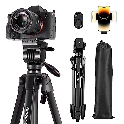Camera Tripod,Video Tripod with Fluid Head, Arsoer 60' Vlog Tripod with Wireless Remote/Carry Bag/Rotatable Phone Holder, Compatible with iPhone/Canon/Nikon/Sony/Telescope, for Vlogging/Shooting