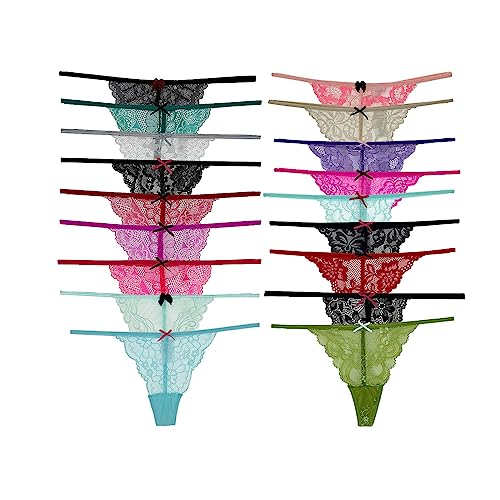 COLOROSES Pack of 6 Women Lacy G-String Thongs No Show Panties Sexy Underwear Assorted Lace Pattern and Colors Large