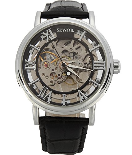 SEWOR Men's Mechanical Skeleton Transparent Vintage Style Leather Wrist Watch (Black)