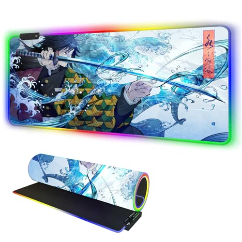 RGB Large Gaming Mouse Pad Demon Slayer Anime Giyu Sword,Laptop Desk Pad,Mousepad with Stitched Edge Frame & Non-Slip Rubber Base,Computer Keyboard and Mice Pads Mouse Mat 31.5X15.7