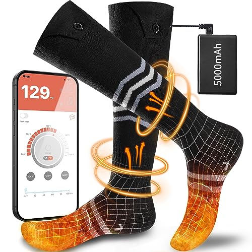 5000mAh Rechargeable Heated Socks for Men Women - APP Control Electric Thermal Socks - Washable Foot Warmer for Hunting Camping Skiing Outdoors (BlackGray)
