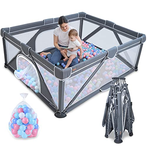 Foldable Baby Playpen, Yobear Large Playpen for Babies and Toddlers with 50 PCS Ocean Balls & 2 Handles, Indoor & Outdoor Kids Safety Play Pen Area, Portable Travel Play Yard (71' × 59', Dark Grey)