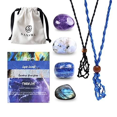 SANSWL 7 Chakra Healing Crystal Necklace - Third Eye Chakra Set,Handmade Weave Rope-Wrapped Holder and Natural Gemstone, Energy Crystal Spiritual jewelry,Reiki Pendant with Adjustable Cord