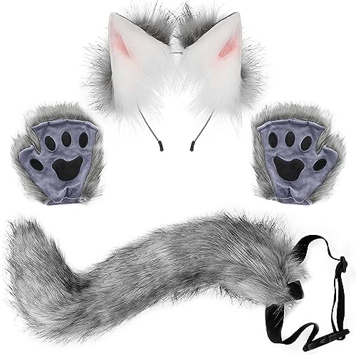 Odowalker Wolf Fox Costume, Wolf Fox Tail Clip Ears and Gloves Set Halloween Costume Accessories Party Supplies Halloween Christmas Party Costume for Women Kids,Dark Grey