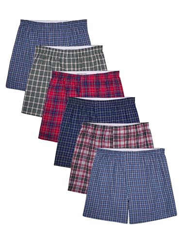 Fruit of the Loom Men's Tag-Free Woven Boxer Shorts, Relaxed Fit, Moisture Wicking, Color Multipacks, Assorted Plaid, Large