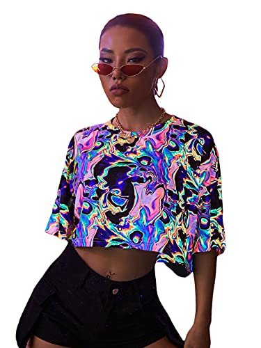 Floerns Women's Casual Reflective Short Sleeve Round Neck Crop Tops T Shirts Multi XL