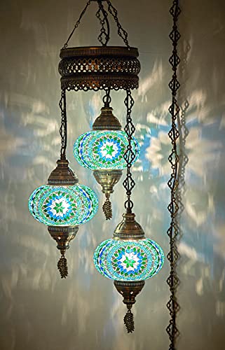 DEMMEX Turkish Moroccan Mosaic Swag Plug in Chandelier Ceiling Hanging Lamp Pendant Light Fixture Lighting, 15ft Cord Chain & 3 Big Globes (Turquoise-Blue-Green)