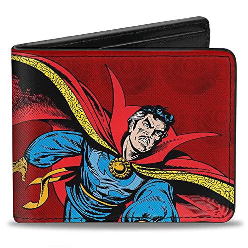 Buckle-Down Men's PU Bifold Wallet-Classic Doctor Strange Pose + Logo/Eye of Agamotto Monogram Reds, Multicolor, 4.0' x 3.5'