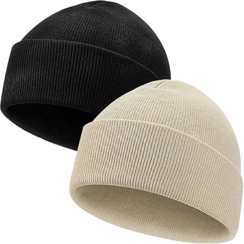 LAKIBOLE 2 Pack Beanies for Men Rib-Knit Hats for Women Spring Summer Autumn Winter Slouchy Beanie for Teenage (Black&Beige)