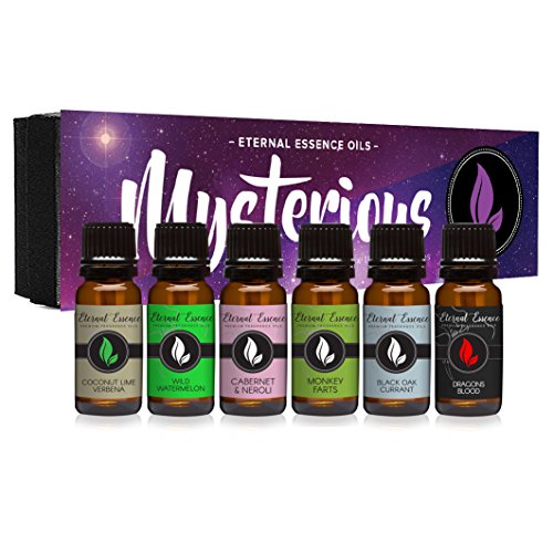 Mysterious Gift Set of 6 Premium Fragrance Oils - Coconut Lime Verbena, Cabernet & Neroli, Dragons Blood, Wild Watermelon, Monkey Farts, Black Oak Currant - Eternal Essence Oils