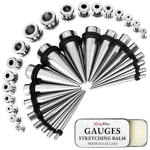 BodyJ4You 37PC Ear Stretching Kit - 14G-00G Beginner Gauges - Aftercare Balm Wax - Surgical Steel Tapers Screw Fit Tunnels Plugs - Stretchers Expanders Eyelets