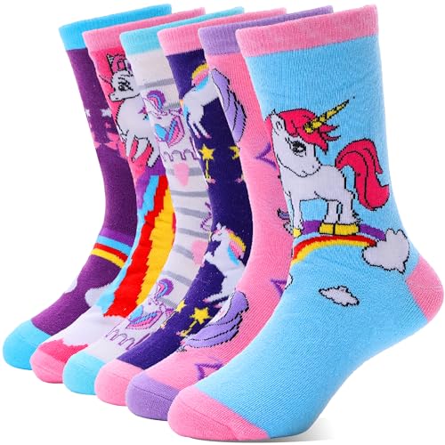 EBMORE Kids Girls Socks Cotton Crew Cute Unicorn Gifts Animal Pattern Fashion Fun Novelty Socks 6 Pack Stocking Stuffers (Unicorn-H,5-8 Y)