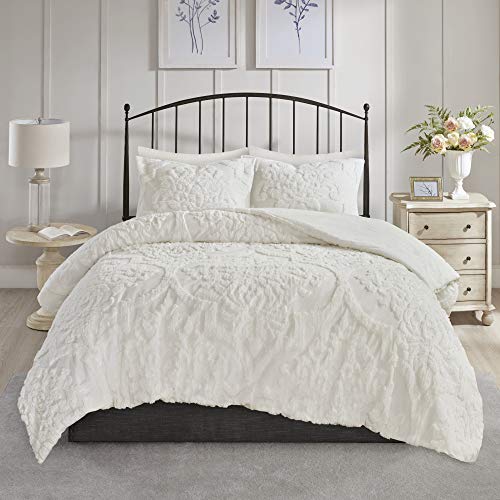 Madison Park Tufted Chenille Cotton Comforter, All Season Bedding Set, Matching Shams, Viola, Damask Off White King/Cal King(104'x92') 3 Piece