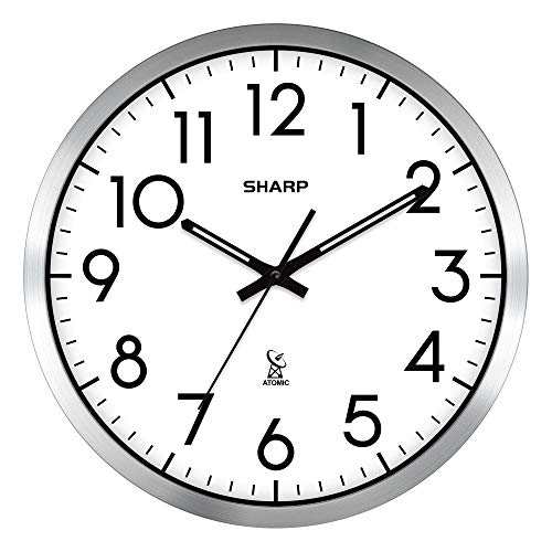 SHARP Atomic Analog Wall Clock - 12' Silver Brushed Finish Sets Automatically- Battery Operated Easy to Read Use: Simple, Style fits Any Decor