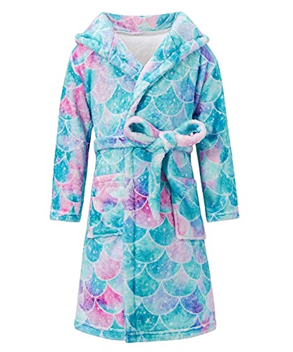 Mermaid Robes for Girls Flannel Hooded Bathrobes Kids Soft Plush Sleepwear Size 10 12 Long Sleeve Loungewear Pajamas Gift 10-12 Years
