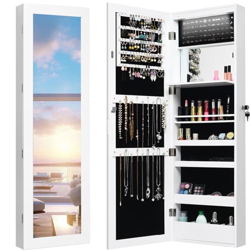 Giantex LED Jewelry Cabinet Wall Mounted Door Hanging, Lockable Jewelry Armoire with 47.2'' Full Length Mirror, Foldable Makeup Tray, Lipstick Brush Holders, Jewelry Storage Organizer (White)