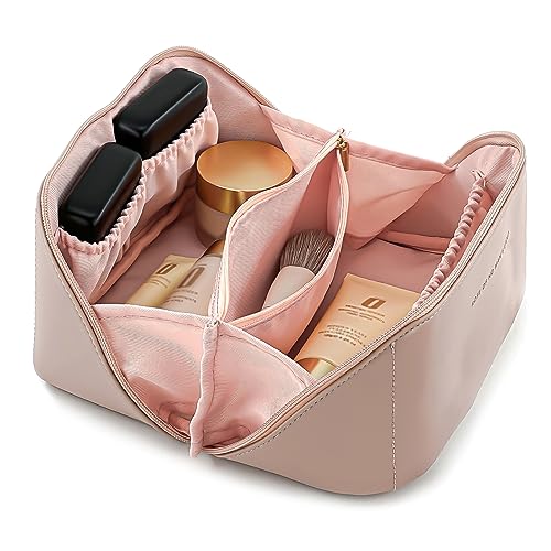SLIFOUE Large Capacity Travel Cosmetic Bag,Makeup Bag,Waterproof Portable PU Leather Makeup Organizer Bag with Dividers and Handle (Pink)