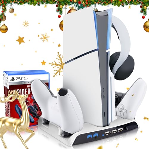 SIKEMAY PS5 Slim Cooling Stand with Controller Charging Station Compatible with Playstation 5 Slim Console, PS5 Slim Accessory Incl. Cooling Fan, Headset Holder, 3 USB Hub, 8 Game Slots - White