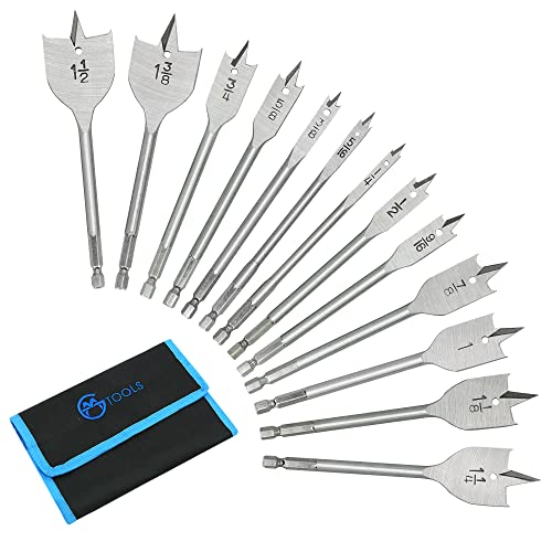 GMTOOLS 13 Piece Spade Drill Bit Sets, Paddle Flat Bit for Hole Cutter Woodworking, 1/4' to 1-1/2', Carbon Steel Paddle Flat Bit with Quick Change Shank, Nylon Storage Pouch Included