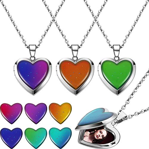 Heart Mood Locket Necklace Kid Locket Color Changing Temperature Sensing Mood Necklace Stainless Steel Love Shape Photo Pendant Birthday Valentines Gift Girls