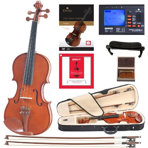 Cecilio CVN-200 Full Size Violin with D'Addario Prelude Strings - Solidwood Natural Varnish Violin for Beginners - Includes Tuner, Case, and 2 Bows