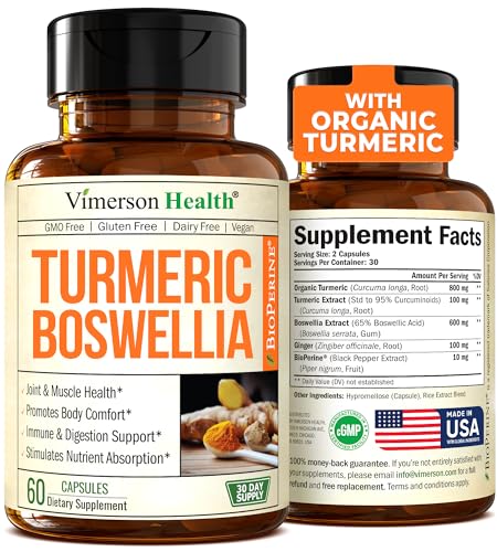 Turmeric Curcumin Supplement with Boswellia Serrata Extract, Organic Turmeric, Ginger and Black Pepper. Joint Support Supplement - High Absorption Tumeric 95% Curcuminoids. Digestive & Immune Support