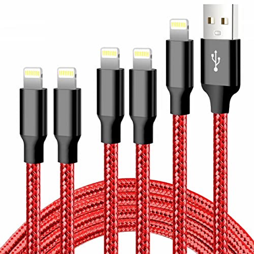 cugunu iPhone Charger, 5 Pack 3/3/6/6/10FT Apple MFi Certified USB Lightning Cable Nylon Braided Fast Charging Cord Compatible for iPhone 14/13/12/11/X/Max/8/7/6/5/SE/Plus/iPad - Red