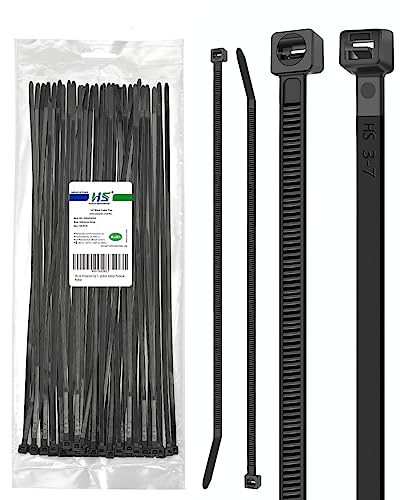 HS UV Protected Zip Ties 12 Inch (100 Pack) Self Locking Plastic Wire Ties 12 Inch Black Nylon Cable Ties 50 LBS,Outdoor Indoor Purpose