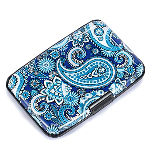 ELFISH Mini RFID Aluminum Wallet Credit Cards Holder Business Card Case Metal ID Case for Men Women (Blue flower)