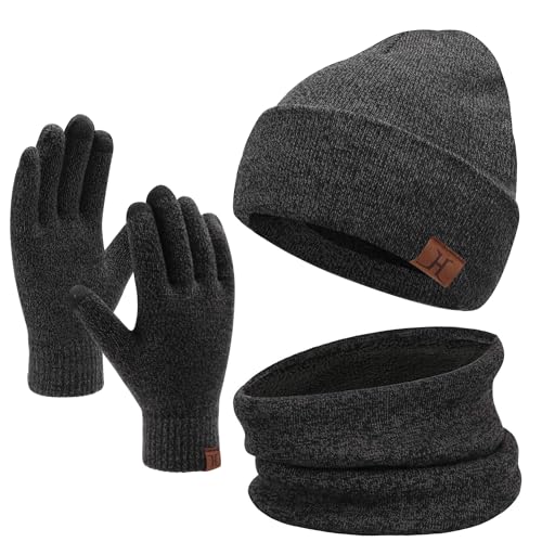 Winter Beanie Hat Scarf Touchscreen Gloves Set for Men and Women, Beanie Gloves Neck Warmer Set with Warm Knit Fleece Lined