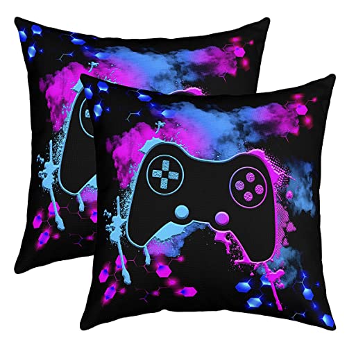Gamer Throw Pillow Cover Gaming Gamepad Joystick Decorative Pillow Case for Living Room 20'x20' Set of 2 Modern Game Honeycomb Controller Cushion Cover Sofa Couch Blue Purple Beehive Cushion Case